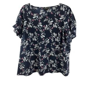 Lane Bryant Ruffle Black Pink Floral Blouse Shirt Top Short Sleeve Size 26